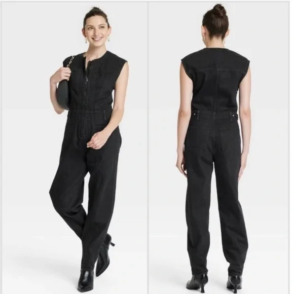 NWT Universal Thread Sleeveless Denim Jumpsuit Zip Front Coveralls Size 4 Black - Picture 2 of 15